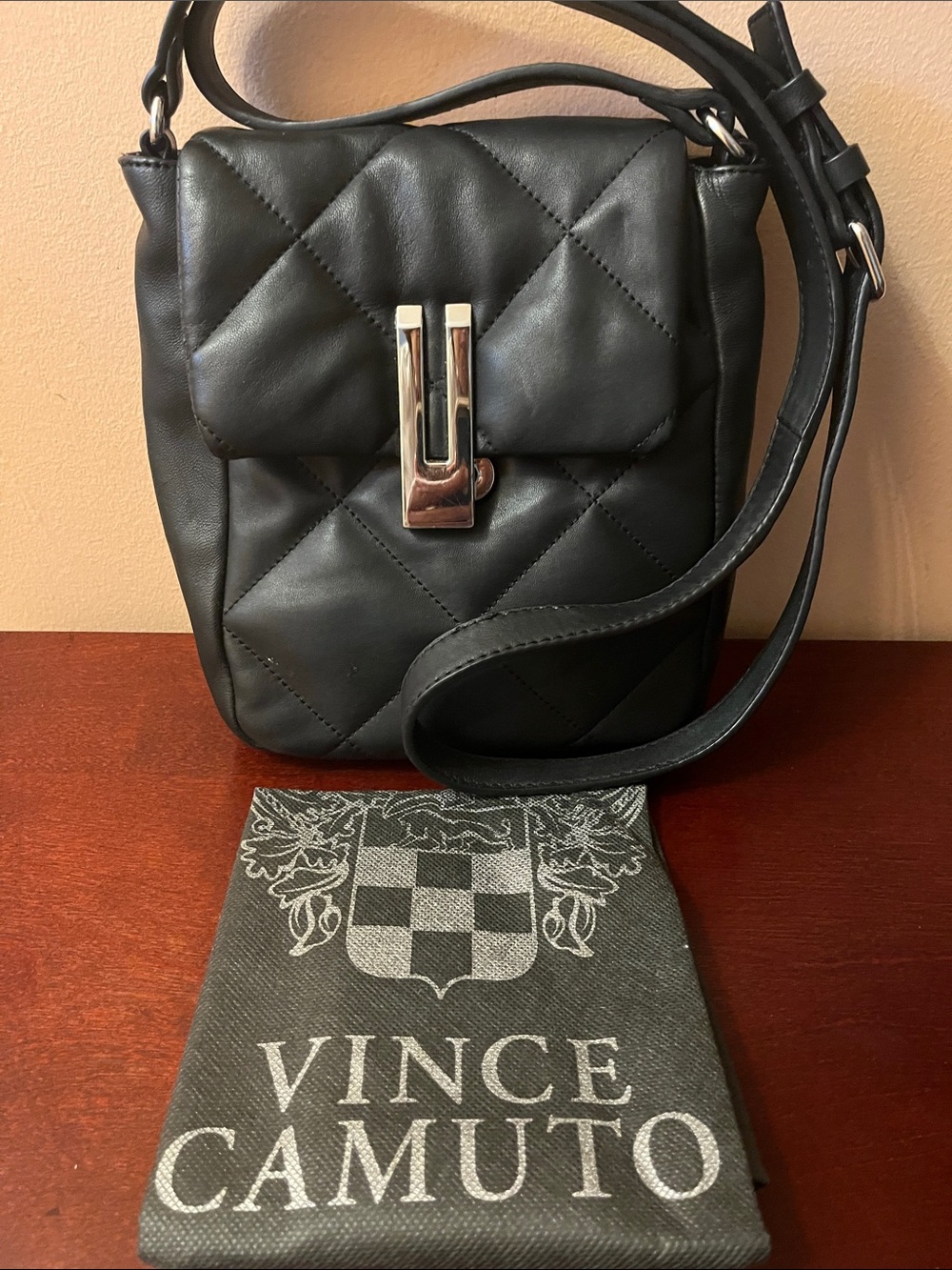 Black Quilted Leather Crossbody Bag with Silver Hardware by Vince Camuto